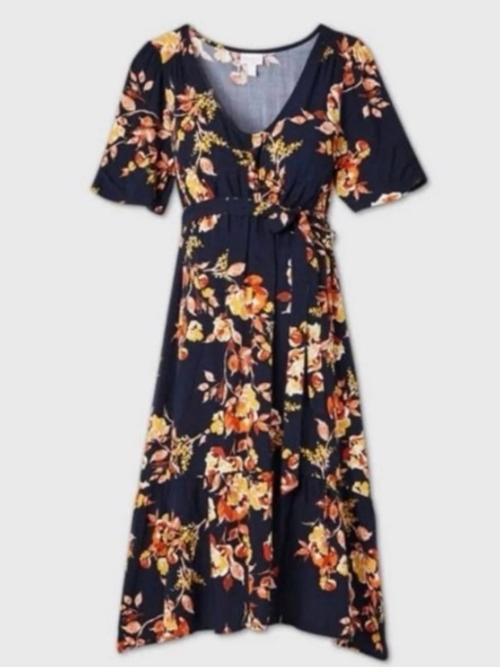 Navy Floral V-Neck Midi Dress with Tie Waist